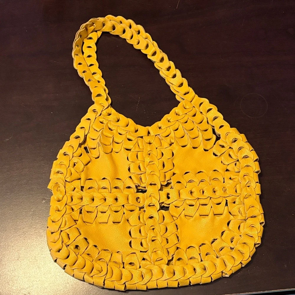 Yellow Leather Woven Women's Bag - Picture 1 of 3